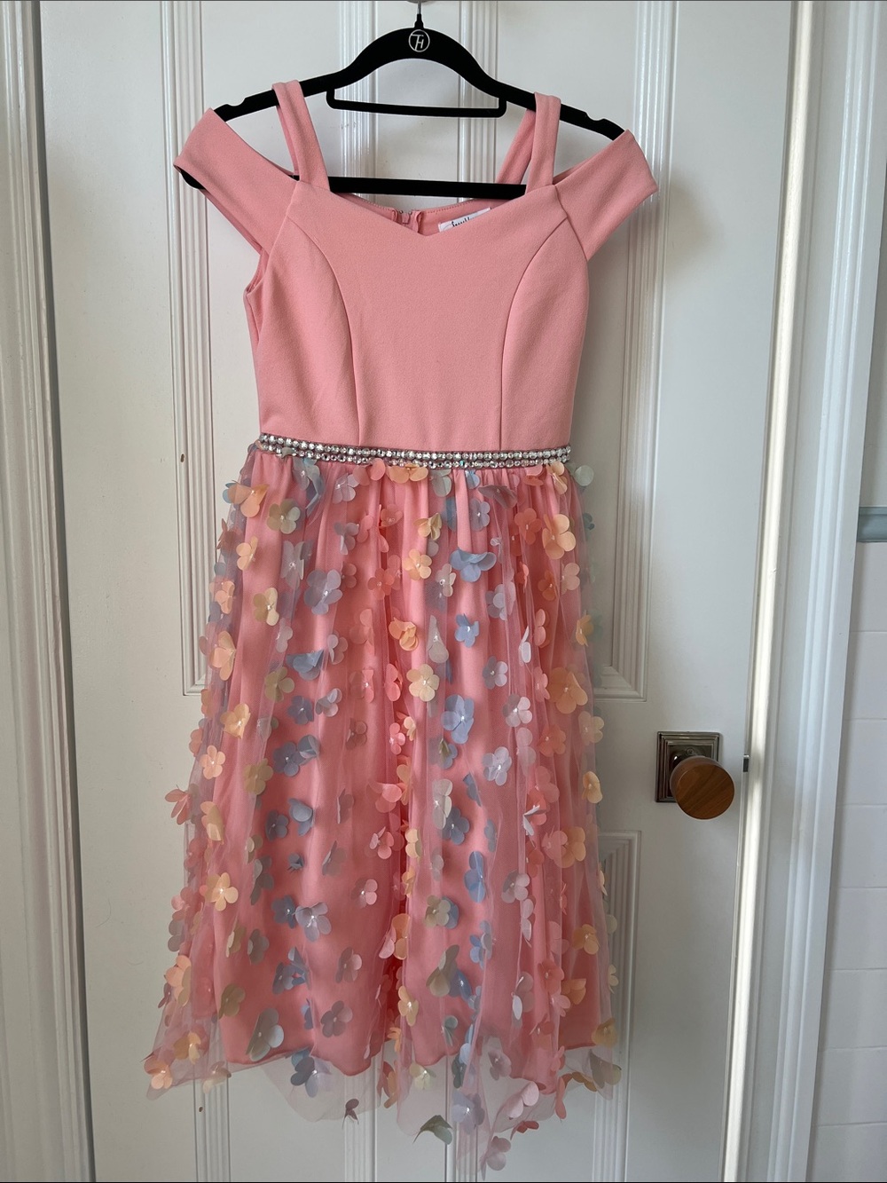 Kids Pink Off-Shoulder Party Dress with Multicolor Floral Petals